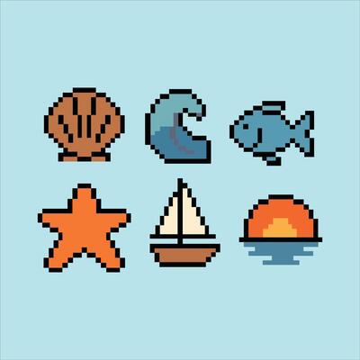 Pixel sea life icon group in retro 8-bit style on soft sky blue pixel background
