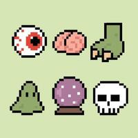 Pixel horror object icon group in retro 8-bit style on pastel lime pixel background vector