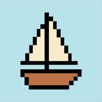 Retro 8-bit sailboat icon on soft sky blue pixel background vector
