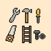 Pixel repair tool icon group in retro 8-bit style on creamy peach pixel background vector