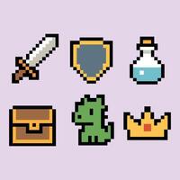 Pixel RPG adventure icon group in retro 8-bit style on creamy lilac pixel background vector