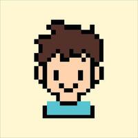 Playful pixel boy avatar in cyan outfit on warm soft tone vector