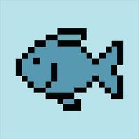 Retro 8-bit fish icon on soft sky blue pixel background vector
