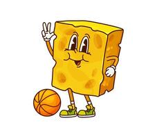 Groovy cheese character playing basketball ball vector