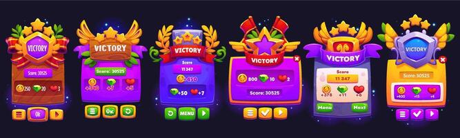 Victory game frame and banners, UI button, screens vector