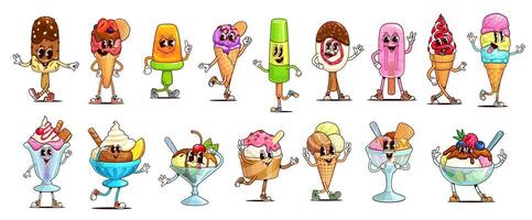 Cartoon ice cream and sundae groovy characters vector