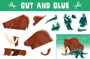 Cut and glue game with dinosaur and mammoth vector