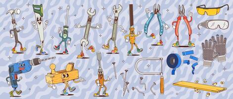 Groovy building and repair DIY tool characters vector