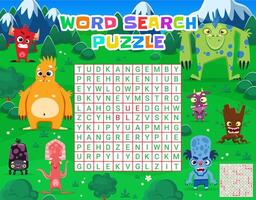Word search puzzle game quiz with funny monster vector