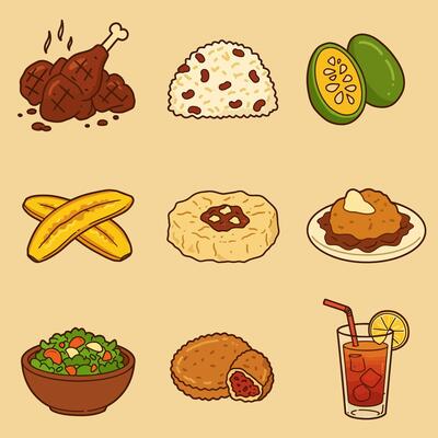 Caribbean food Cuisine icon set.