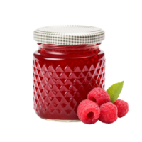 Raspberry jam in a glass jar with a checkered lid and fresh raspberries on a transparent background png