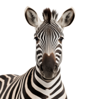 A close up portrait of a zebra with black and white stripes looking directly at the camera view point png