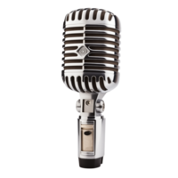 A shiny chrome vintage microphone stands on a transparent background in a studio setting for recording png