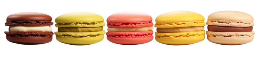 A row of five colorful macarons against a stark transparent background in a close up studio shot png