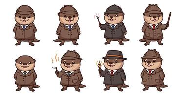 Otter Detective Cartoon Set with Illustration. vector