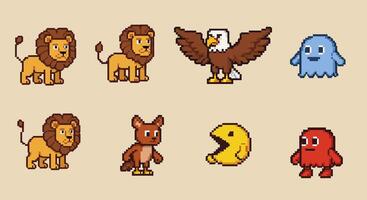 Pixel art Animals with Retro Game Icon Set. vector