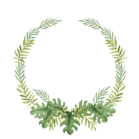 Tropical Leaves Wreath, circle frame. Eucalyptus, Palm and Monstera. Watercolor greenery. Hand drawn botanical illustration. For cards, invitations and logos. png