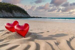 Two red hearts on the beach symbolizing love, Valentine s Day, Calm ocean in the background photo