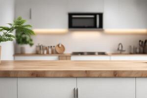 Wood counter in the kitchen counter background for product display photo