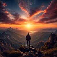 man standing on the top of mountain with beautiful sky photo