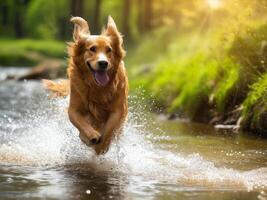 dog running in the river with joyful photo