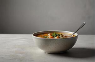 closeup bowl of tomato soup on the table photo