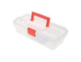 Clear plastic organizer box with red handle isolated on white background photo