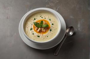 closeup white cup of cream soup on grey color table photo