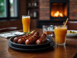 Grill sausages with glass of juice on the table at cozy home photo