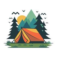 Camping tent in the forest with mountains and trees vector