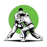 Two men in karate gear are fighting in front of a green circle vector