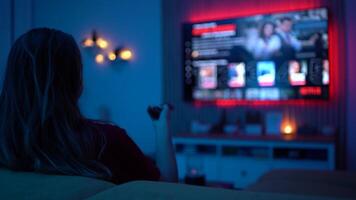 Calm and Cozy Evening Scene of a Woman Enjoying a Movie and Popcorn in Her Modern Living Space video