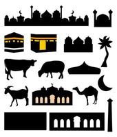 Creative elements for Islamic culture and religion include Mosque, Ka'bah, palm tree, beef cattle, sheep, goat, camel, and crescent moon perfect for Eid Al- Adha template design. vector