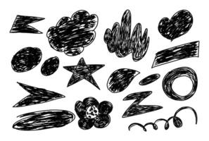 Collection of abstract doodle elements with black pen strokes include star, flowers, heart, circle and more. vector