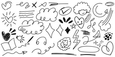 Object doodle line of hand drawn abstract elements, arrows, speech bubble, heart, line, check mark, hair, and sparkle. vector