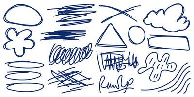 Graphic illustration of hand drawn abstract creative elements, scribble, signature, highlight, circle, crosses and more. vector