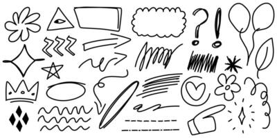 Illustration graphic of hand drawn sketch arrows, crown, frame, question mark, circle, waving line, abstract scratched and more line art doodle creative. vector