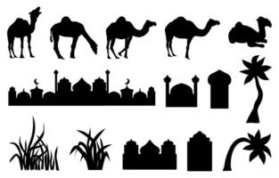 Silhouette set of camel in different pose, mosques, dates palm trees, and grasses isolated for Arabic culture and religion template design. vector