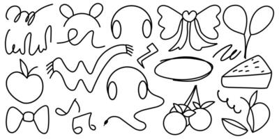 Hand drawn doodle element line art of abstract scribble, circle, balloon, music icon, bow, cake and headset isolated. vector