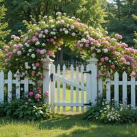 Vibrant Flower Archway Enhances a Rustic White Picket Fence in a Sunny Garden Setting photo