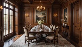 Elegant Dining Room With Wooden Decor and Fine Table Setting for a Formal Gathering photo