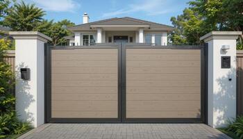 Contemporary Gate Design Marks Entrance to Modern Residence in a Peaceful Neighborhood With Greenery photo