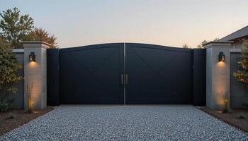 Modern Entry Gate With Decorative Lighting and Gravel Driveway at Dusk photo