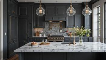 Modern Kitchen Design Featuring Dark Cabinetry and Marble Countertops With Elegant Lighting Fixtures photo
