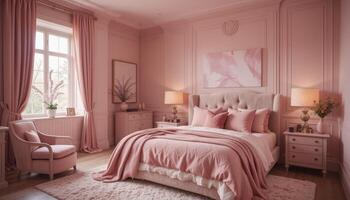 Elegant Pink Bedroom With Soft Lighting and Cozy Textiles Designed for Comfort and Relaxation photo