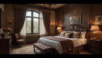 Elegant and Cozy Bedroom With Rich Decor and Soft Lighting in a Luxurious Setting photo