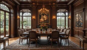 Elegant Dining Room With Chandeliers and Classic Decor Ready for a Formal Gathering in a Luxurious Setting photo