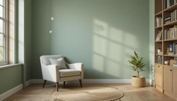 Cozy Reading Nook With Natural Light and Green Walls in a Modern Home Setting photo