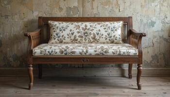 Elegant Wooden Sofa With Floral Fabric in a Rustic Interior Setting photo