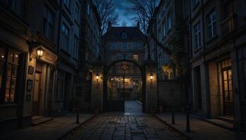Charming Alleyway Entrance Illuminated by Soft Lights at Dusk in a Historic Town photo